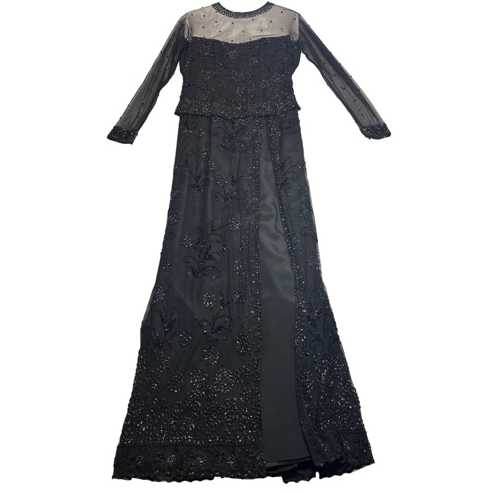 Claire's Collection Vintage Couture Gown Black Beaded Silk Mesh Slit Formal Sz 4